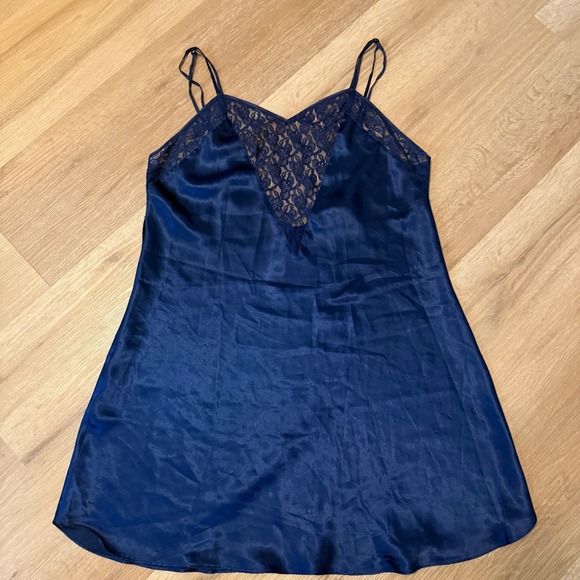 Solange Other - Solange Vintage Navy Blue Satin Lace Chemise Nightgown Size 14/16 Double Strap